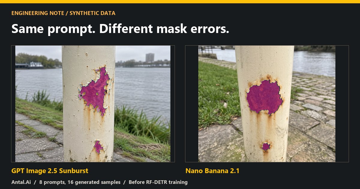The painted-post example from each generator, with its own rust mask overlaid in magenta